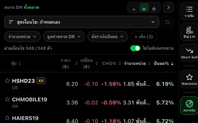 ภาพหน้าจอจริง: สแกน DR ทั้งตลาด เรียงตามอัตราเงินปันผล